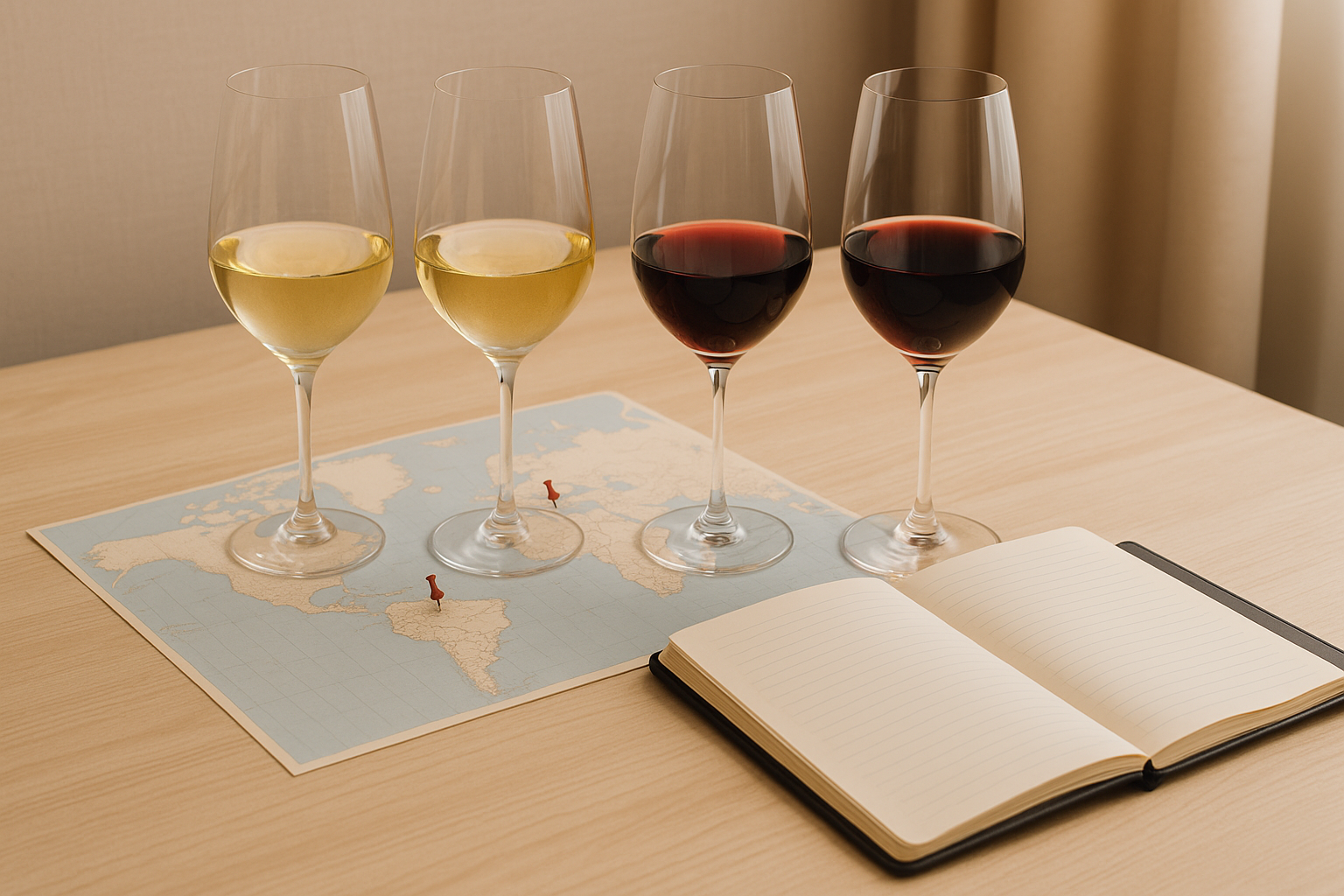 Wine study desk with tasting glasses and notes